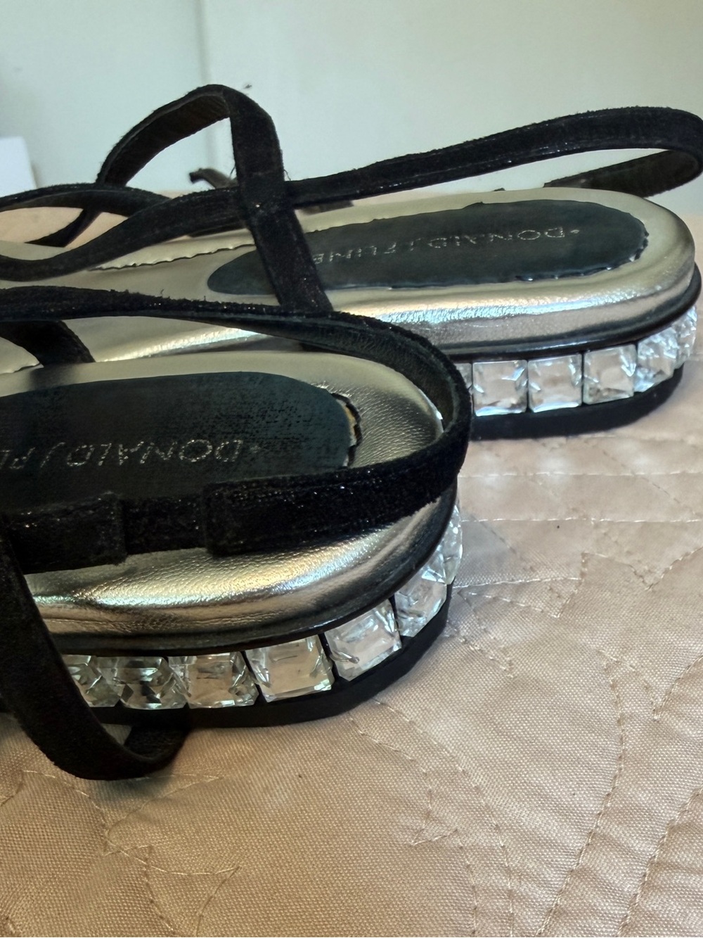 Donald J. Pliner Black Strappy Sandals with Silver Crystal Heel Accent - Picture 6 of 8